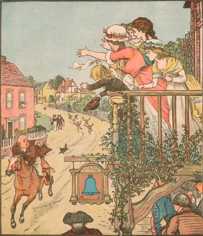 John Gilpin passe au galop devant le Bell Inn tandis que sa femme et ses enfants saluent depuis le balcon, 1878 - Randolph Caldecott