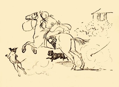 John Gilpin est poursuivi par des chiens alors que son cheval galope hors de contrôle, 1878, c1918 - Randolph Caldecott