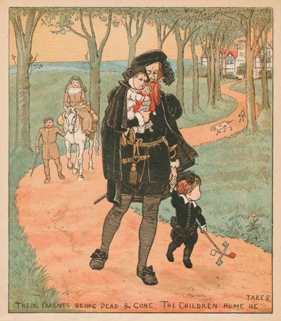 Leurs parents étant morts et partis, les enfants il ramène chez eux, vers 1878 - Randolph Caldecott
