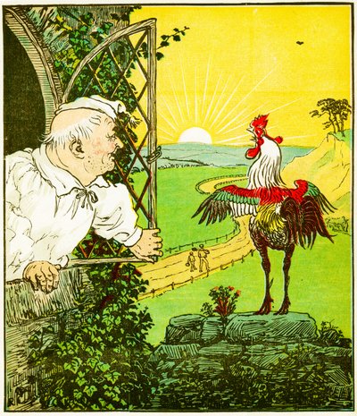 "Voici le coq qui a chanté le matin, qui a réveillé le juge tout rasé et tondu", illustration de La Maison que Jack a construite - Randolph Caldecott