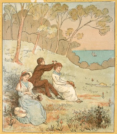 Deux femmes et un homme assis dans une clairière près de la côte. - Randolph Caldecott