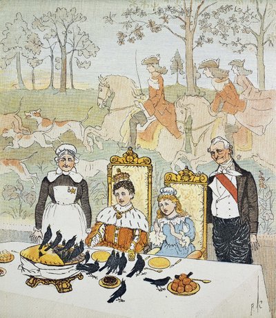 Un roi et une reine assis à table entourés de domestiques, derrière eux une scène de chasse. Planche 14 tirée de "The Picture Book" par Randolph Caldecott (1846-1886). 1879. The British Library Institution Reference: Shelfmark ID: 12805.s.17 - Randolph Caldecott