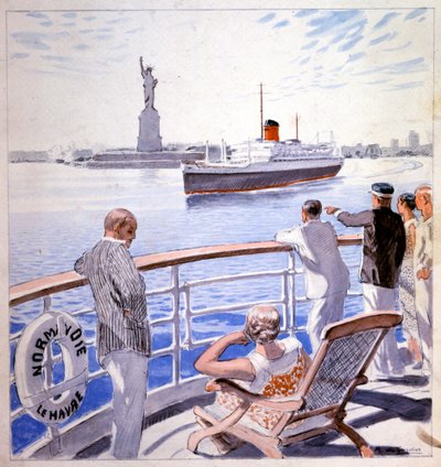 Transport. Marine. Arrivée du transatlantique Le Normandie dans le port de New York. Illustration de Raoul du Gardier - Raoul Du Gardier