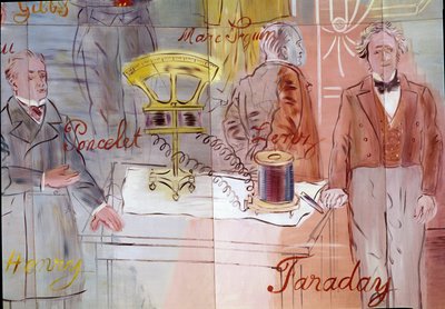 La Fee Electricite, détail : Portraits de Jean Victor Poncelet, Marc Seguin, Michael Faraday. 1937 (peinture) - Raoul Dufy