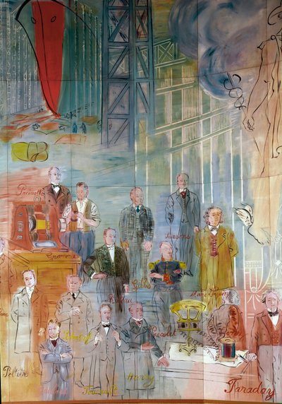 La Fee Electricite, détail : Portraits de différents intellectuels et scientifiques : Antonio Pacinotti, Zenobe Gram, Josiah Willard Gibbs, Charles Algernon Parsons, Marc Seguin, Auguste Camille Rateau, Jean Victor Celet et Michael Faraday. 1937 (peinture) - Raoul Dufy