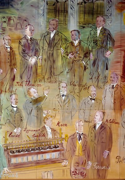 La Fee Electricite, détail : Portraits de différents intellectuels et scientifiques : Jules François Joubert, Elihu Thomson, Ernst Werner Siemens, Charles Proteus Steinmetz, Marcel Deprez, Gaston Plante, Gabriel Lippmann, John Kerr, Maurice Leblanc, Humphr - Raoul Dufy