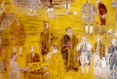 La Fee Electricite, détail : Portraits de différents scientifiques : Henry Cavendish, Le Monnier, Franz Aepinus, Denis Papin, Joseph Priestley, Luigi Galvani, Carl Friedrich Gauss, Siméon-Denis Poisson, Pierre Simon de Laplace et Charles de Coulomb. 1937 ( - Raoul Dufy