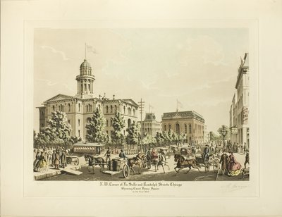 Coin nord-ouest de LaSalle et Randolph, Chicago, montrant la place du palais de justice en 1864 - Raoul Varin