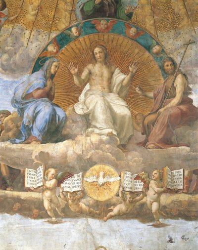 Christ flanqué de la Bienheureuse Vierge Marie et de Jean-Baptiste, détail de la Dispute du Saint-Sacrement - Raphael