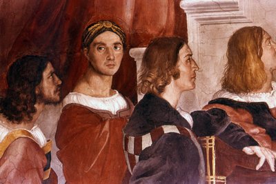 Détail représentant Raphaël (au centre) de la Messe de Bolsena. 1514. Fresque de Raphaël (14831520):Raffaello Sanzio. - Raphael (1483 1520)