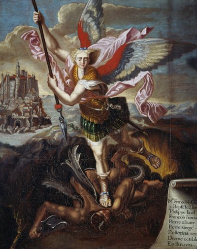 Saint Michel et le Diable, par Raphaël Sanzio, ex-voto de six pèlerins en pèlerinage au Mont Saint-Michel - Raphael (1483 1520) (after)