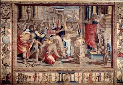 Le Sacrifice à Lystra - Vie des apôtres Pierre et Paul : Saint Paul rejetant les honneurs divins, après avoir guéri un invalide, les habitants le prennent pour un dieu et veulent faire des sacrifices - Tapisserie d