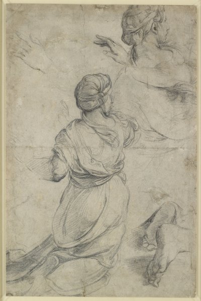 Recto : Études pour deux femmes agenouillées, WA1846.198 (craie noire) - Raphael