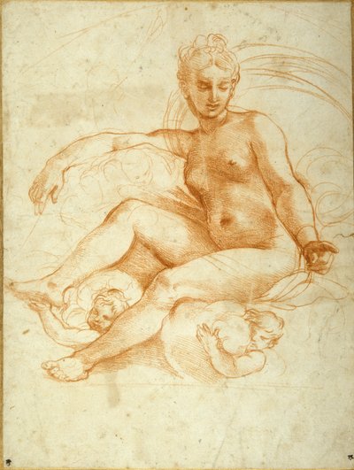 Vénus assise sur des nuages pointant vers le bas - Raphael