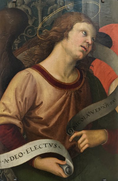 French: Ange tenant un phylactère Angel Holding a Phylactery - Raphael