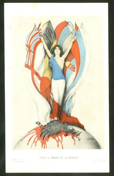 Carte postale, satirique en couleurs : Pour la loi et la liberté - Guerre de 14-18, Alliés, Drapeaux - Illustration de l