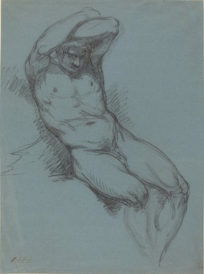 Un homme nu assis avec les mains croisées sur la tête - Raphael Lamar West