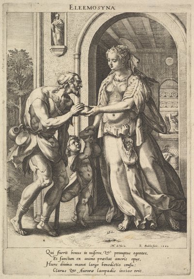 Aumône : une femme avec une coiffe de perles et une auréole donne du pain à deux mendiants masculins, 1589 - Raphael Sadeler