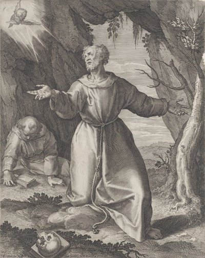 Saint François agenouillé les bras étendus, regardant vers un chérubin en haut à gauche, 1599 - Raphael Sadeler
