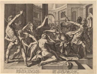 Dalila coupant les cheveux de Samson - Raphael Sadeler I after Joos van Winghe