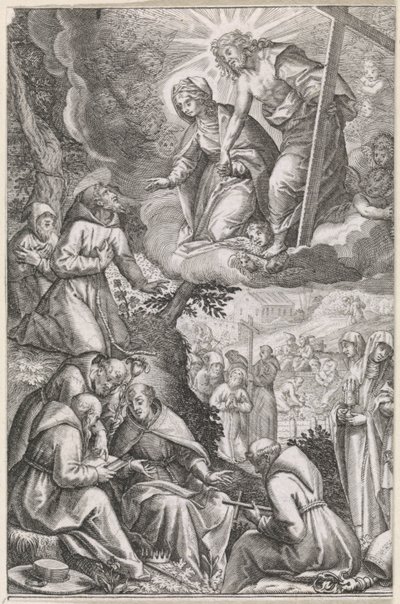 Christ et la Vierge Marie apparaissent à Saint François et son ordre - Raphaël Sadeler (I)
