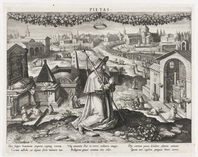 Pietas comme personnification de la piété (Belangrijkste bezigheden van een prins) (Schema, seu speculum principum) - Raphaël Sadeler (I)