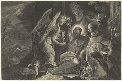 Christ réconforté par un ange à Gethsémani, avec Saint Dominique et Sainte Catherine de Sienne - Raphaël Sadeler (II)