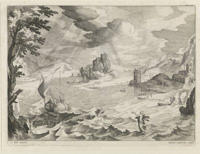 Zeegezicht met Christus en zijn leerlingen in de storm op het meer van Galilea - Raphaël Sadeler (II)