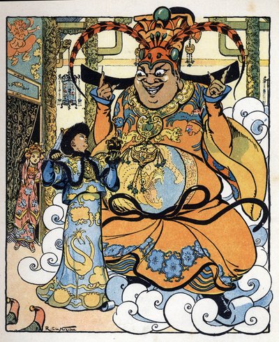 Aladin, la princesse Badroulboudour et le génie devant le corps du magicien africain : illustration pour le conte 