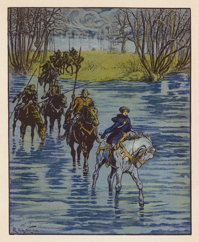 Chevauchée de Jeanne pour aller trouver Charles VII à Chinon (lithographie en couleur) - Raymond de la Neziere