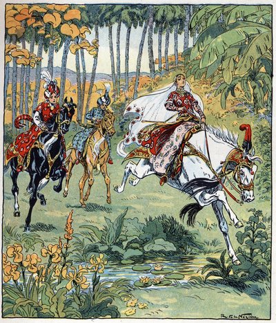 Parizade dépasse ses frères Bahman et Pervis dans la course de chevaux. Illustration de Raymond de La Neziere pour le conte 