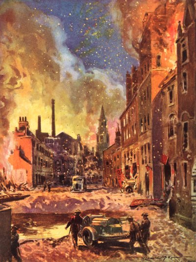 Pompiers du Service national des incendies britannique en temps de guerre inspectant un grand cratère de bombe pendant le Blitz, Seconde Guerre mondiale - Reginald Mills