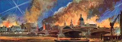 Incendies dans la ville de Londres autour de la cathédrale Saint-Paul pendant le Blitz, Seconde Guerre mondiale - Reginald Mills