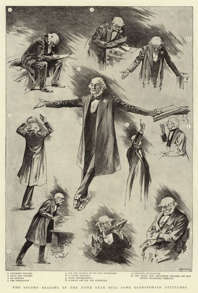 La deuxième lecture du Home Rule Bill, quelques attitudes gladstoniennes (litho) - Reginald Thomas Cleaver