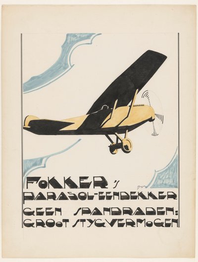 Parasol-eendekker de Fokker. Pas de haubans : grande capacité de montée (titre original sur l