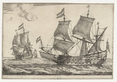 Deux grands navires de guerre (Treize scènes avec des navires) - Reinier Nooms