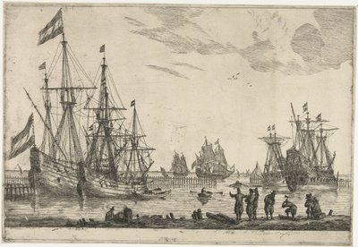 Quatre voiliers derrière une jetée (Treize scènes avec des navires) - Reinier Nooms