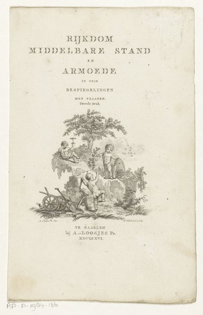 Trois putti avec attributs dans un paysage montagneux (Page de titre pour Adriaan Pietersz. Loosjes, Richesse, classe moyenne et pauvreté en trois réflexions, 1816) - Reinier Vinkeles (I)