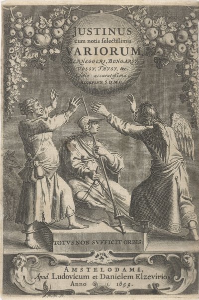 Minerva et deux figures enchaînées, page de titre pour : A. Thysius, Justinus cum notis selectissimis variorum Berneggerj, Bongarsy, Vossy, Thysy, etc., 1659 - Reinier van Persijn