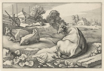Prairie avec trois vaches couchées (série: Diversa Animalia Quadrupedia) - Reinier van Persijn