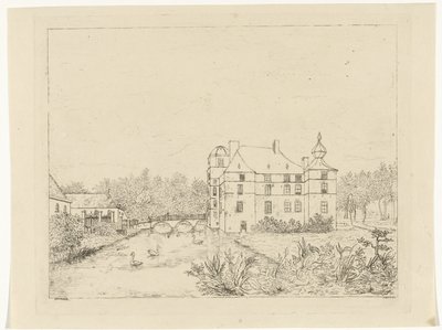 Vue latérale du château de Cannenburch avec maisons près du pont d