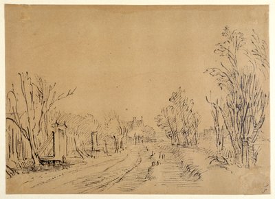 Une route principale menant à une maison à travers les arbres (deux ponts et accès à la digue) - Rembrandt Harmensz. van Rijn
