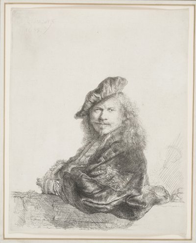 Rembrandt appuyé sur un rebord de pierre : demi-longueur - Rembrandt van Rijn