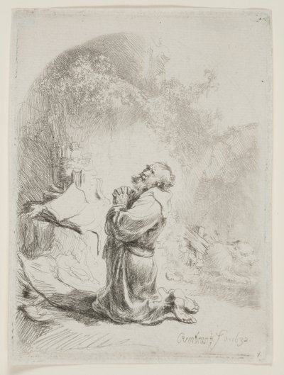 Saint Jérôme priant : Gravure en arche - Rembrandt van Rijn
