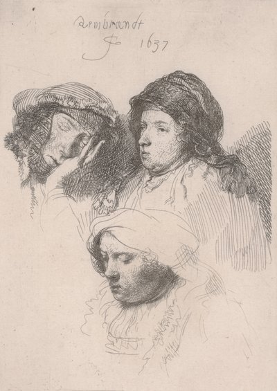 Trois Têtes de Femmes, Une Endormie - Rembrandt van Rijn