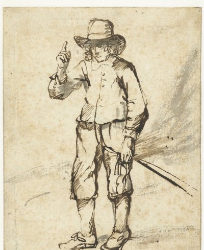 Garçon debout tenant un fouet et levant la main droite - Rembrandt van Rijn (school of)