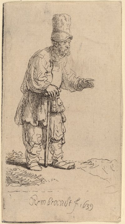 Un paysan avec un grand chapeau, debout appuyé sur un bâton - Rembrandt van Rijn