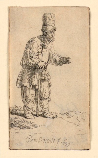Un paysan avec un bonnet haut, debout appuyé sur un bâton - Rembrandt van Rijn