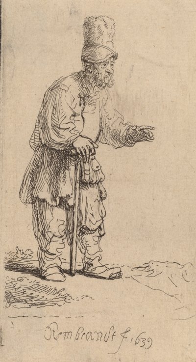 Un paysan avec un bonnet haut, debout appuyé sur un bâton, 1639 - Rembrandt van Rijn
