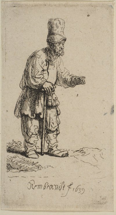 Un Paysan avec un Haut Chapeau, Debout Appuyé sur un Bâton, 1639 - Rembrandt van Rijn